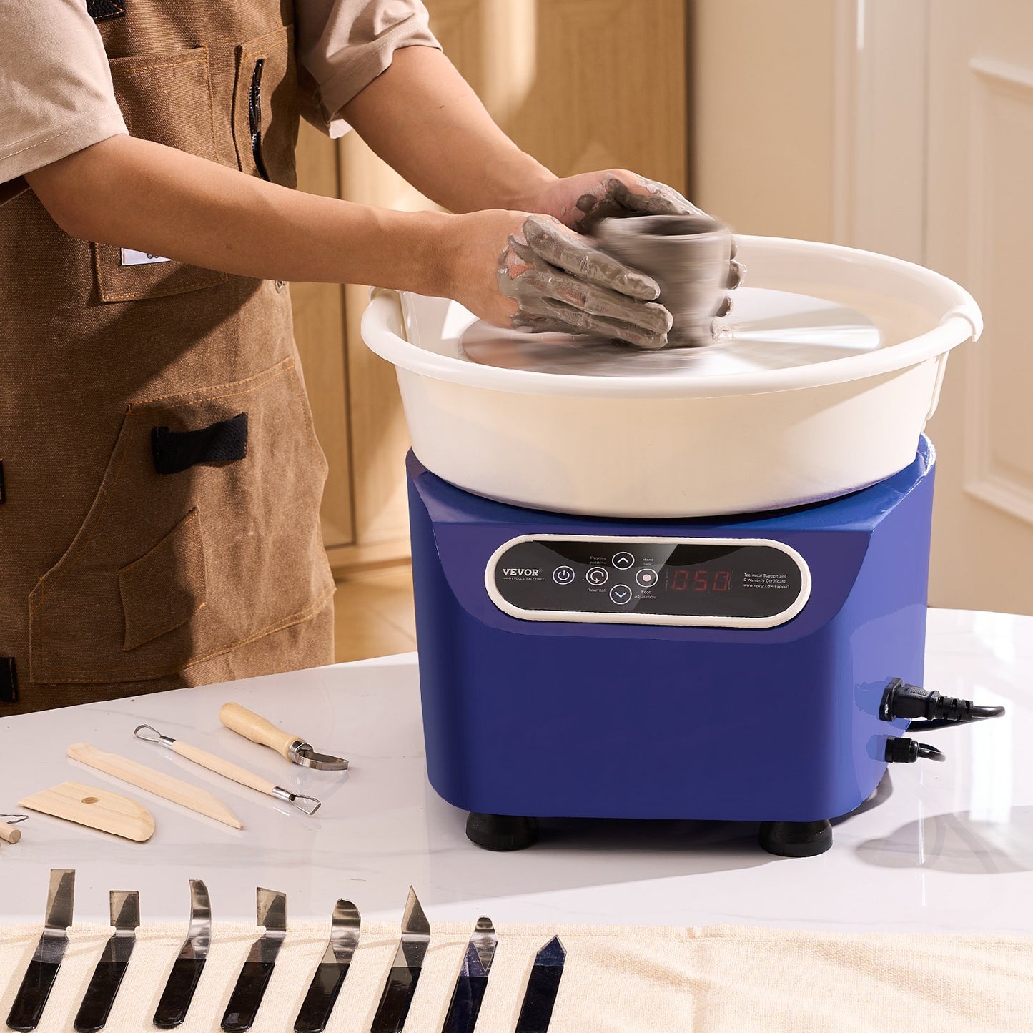 Töpferscheibe, 28 cm (11 Zoll) Töpferformmaschine, 350-W-Elektro-Töpferscheibe mit Fußpedal und LCD-Touchscreen, Direktantrieb-Keramikscheibe mit Formwerkzeugen für DIY-Kunsthandwerk, Blau