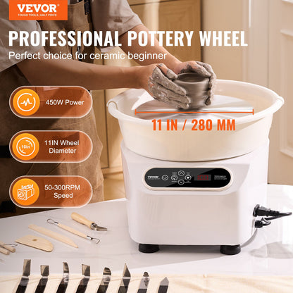 Pottery Wheel 11in/27.9 cm Ceramic Wheel Foot Pedal Touch Screen Apron 450W White