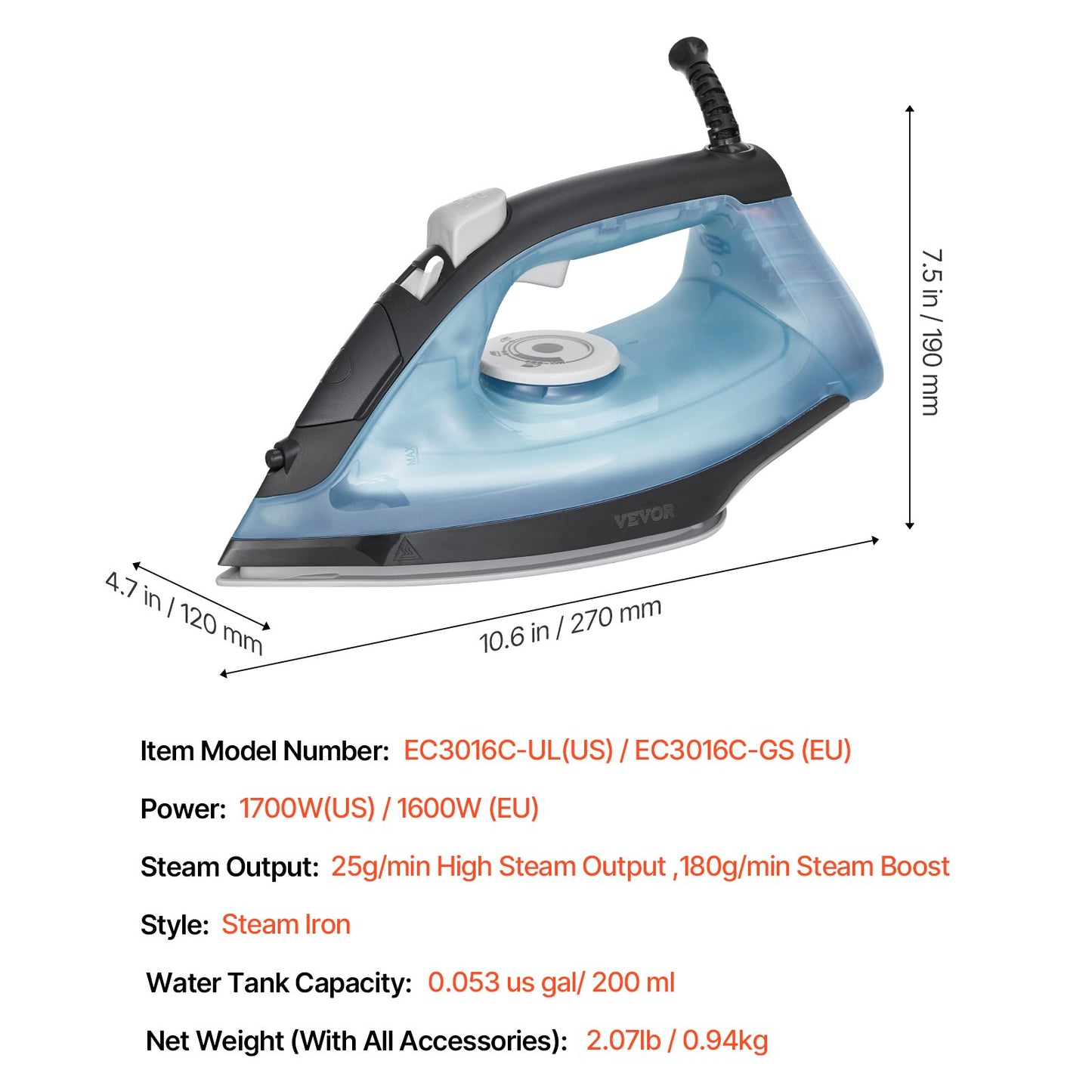 Steam Iron, 1600W Iron for Clothes, Aluminum Alloy + PTFE Soleplate, Auto Shut-Off, Self-Cleaning, Four Temperature Settings, Quick Heating, Anti-Drip, Clothing Iron for Home Ironing Clothes