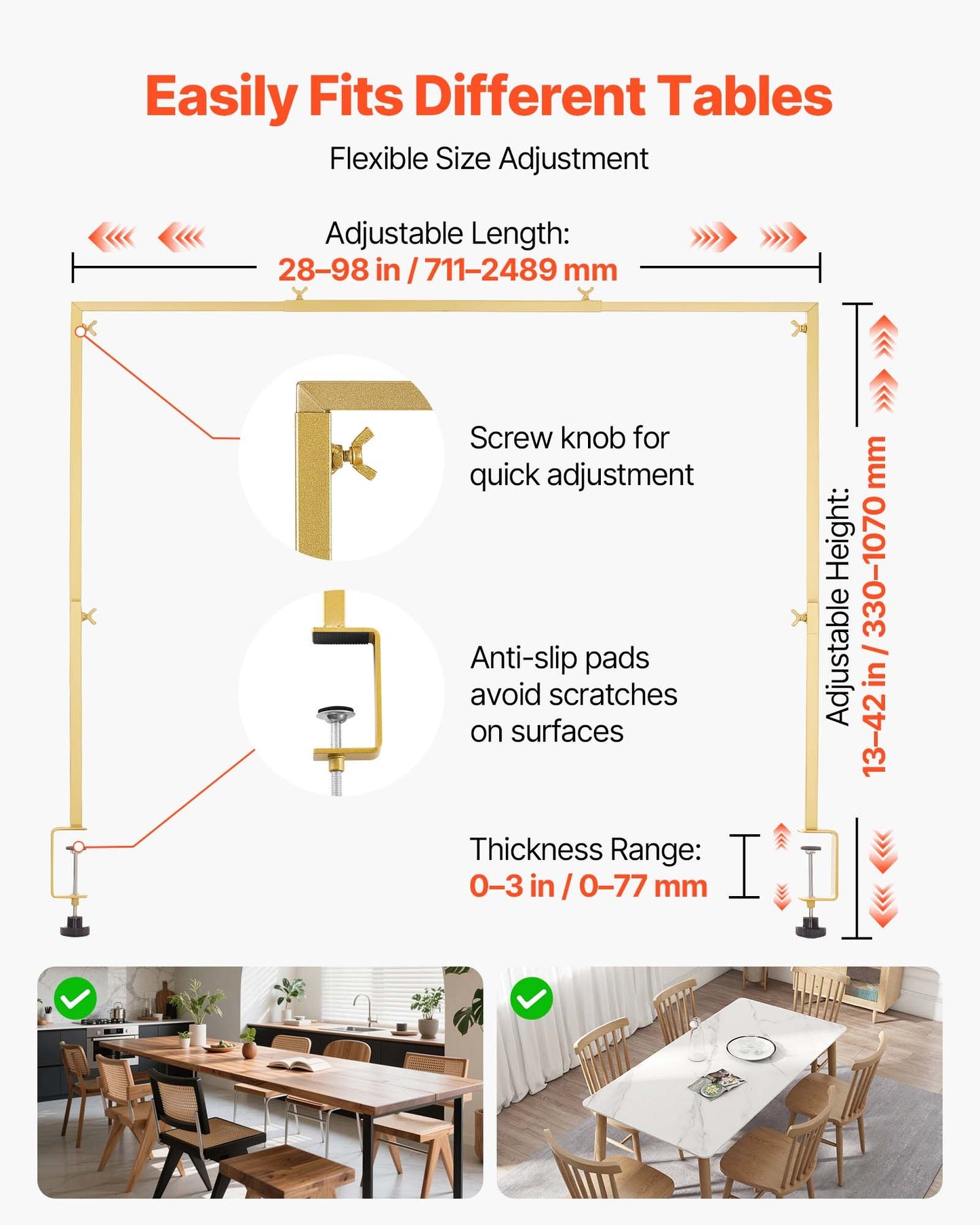 Tischständer mit Klemmen, verstellbar von 71–249 cm Länge und 33–106 cm Höhe, Tischbogenständer mit floralem Dekor, goldener Ballonrahmen für Hochzeiten, Geburtstage, Partys und Weihnachtsdekoration