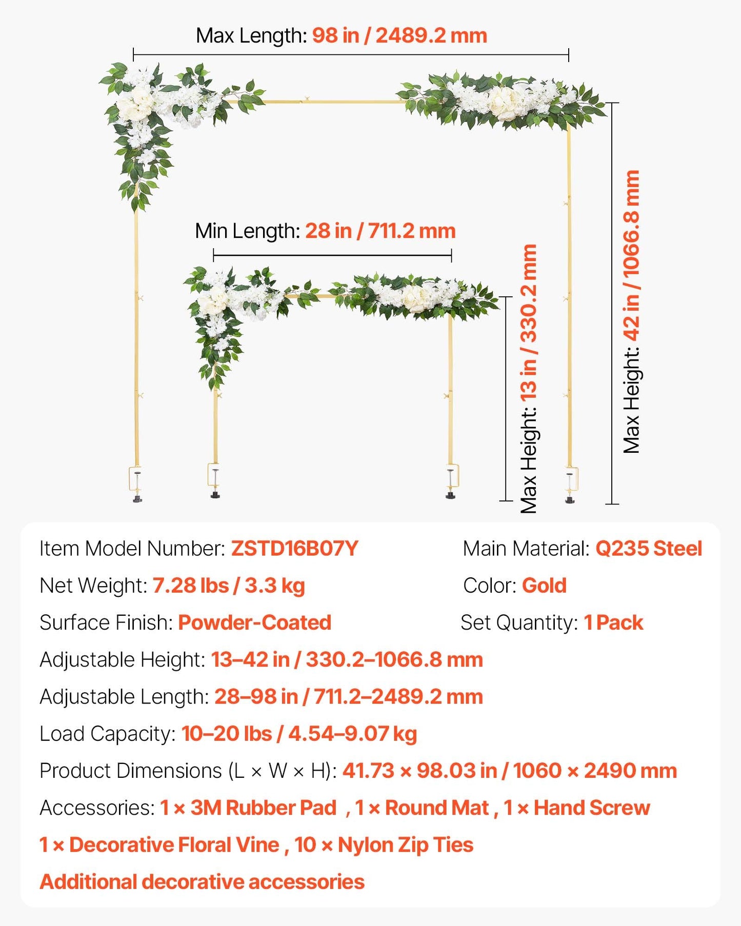 Tischständer mit Klemmen, verstellbar von 71–249 cm Länge und 33–106 cm Höhe, Tischbogenständer mit floralem Dekor, goldener Ballonrahmen für Hochzeiten, Geburtstage, Partys und Weihnachtsdekoration
