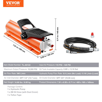 Lufthydraulische Pumpe mit 689 bar (10.000 PSI), 0,7 l (0,18 gal) Reservoir, NPT 9,5 mm (3/8 Zoll) Ölauslass, NPT 6,4 mm (1/4 Zoll) Einlass, luftbetätigte Fußpumpe mit Metallgehäuse für Präzisionsmaschinen und Luft- und Raumfahrttechnik