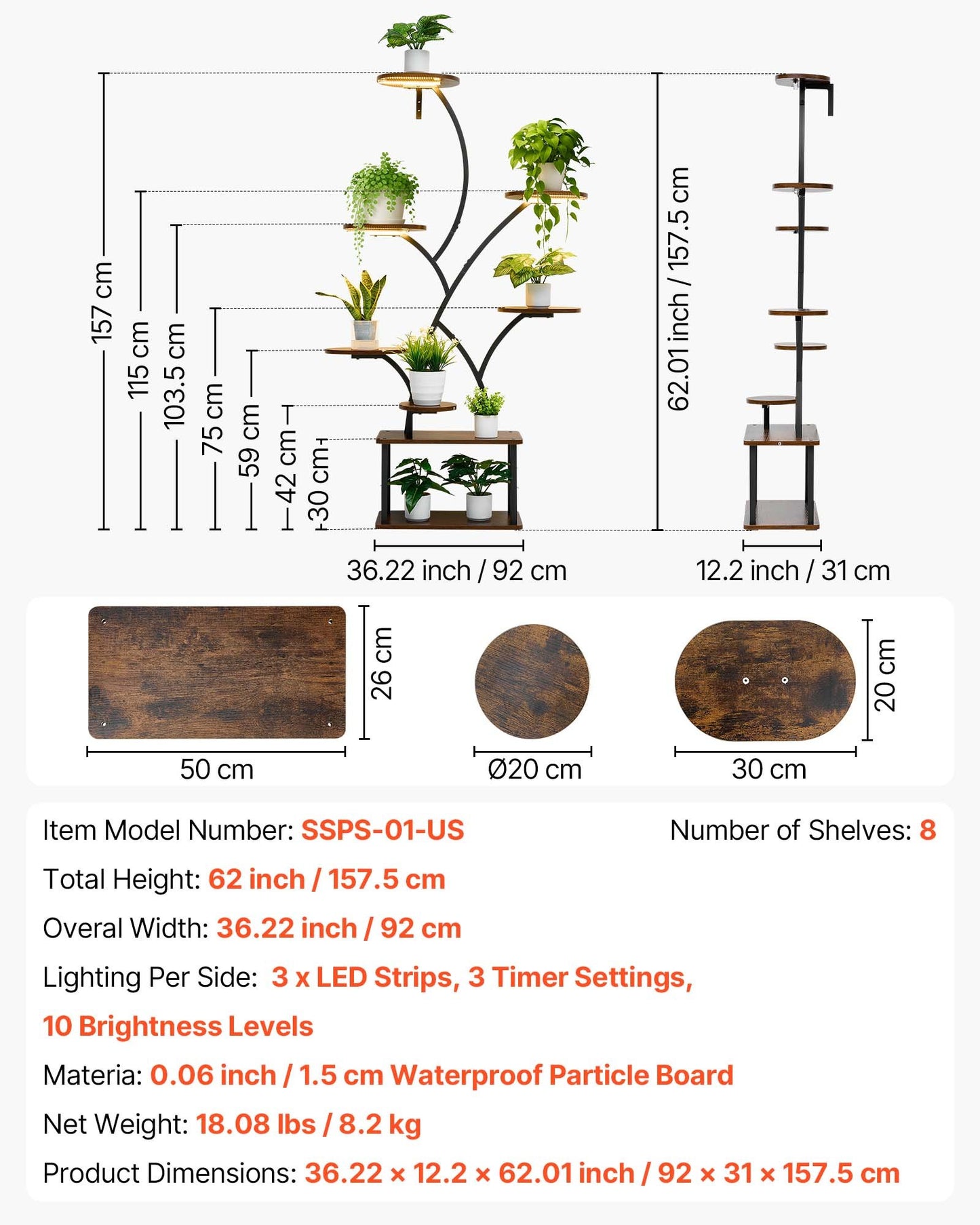 Pflanzenständer für drinnen mit Pflanzenbeleuchtung, 157,5 cm hoch, 8-stufiges beleuchtetes Pflanzenregal, Eckpflanzenhalter aus Metall, 3 Timer-Einstellungen und 10 Helligkeitsstufen, baumförmiges Blumenregal für Wohnzimmer und Balkon
