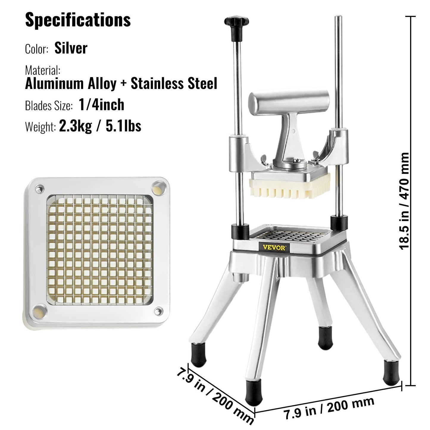 Commercial Vegetable Fruit Chopper 1/4" Blade Heavy Duty Professional Food Dicer Kattex French Fry Cutter Onion Slicer Stainless Steel for Tomato Peppers Potato Mushroom