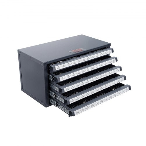 Bohreraufbewahrungsschrank mit fünf Schubladen für Stahlbohrer der Größen 1 bis 60, inklusive Etiketten und stapelbarem Fach zur Aufbewahrung von Bohrern