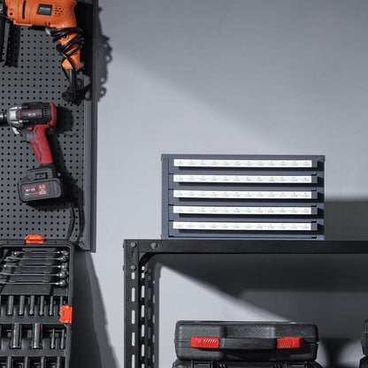 Bohreraufbewahrungsschrank mit fünf Schubladen für Stahlbohrer der Größen 1 bis 60, inklusive Etiketten und stapelbarem Fach zur Aufbewahrung von Bohrern