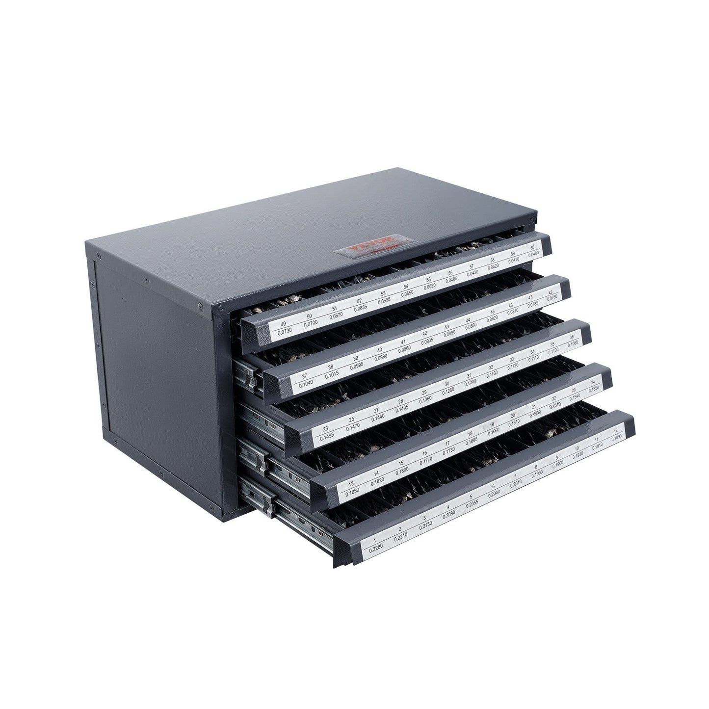 Bohreraufbewahrungsschrank mit fünf Schubladen für Stahlbohrer der Größen 1 bis 60, inklusive Etiketten und stapelbarem Fach zur Aufbewahrung von Bohrern