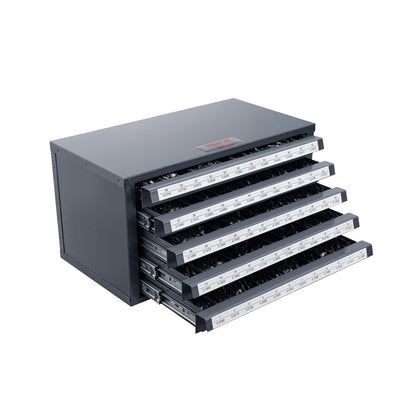 Bohreraufbewahrungsschrank mit fünf Schubladen für Stahlbohrer der Größen 1 bis 60, inklusive Etiketten und stapelbarem Fach zur Aufbewahrung von Bohrern