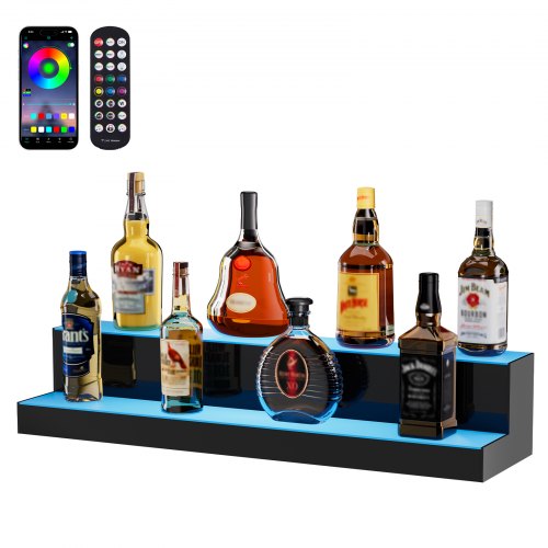 LED Lighted Liquor Bottle Display, 2 Tiers 30 Inch Commercial Illuminated Home Bar Shelf, 2 Steps Whiskey Rack Stand, Acrylic Drink Shelves with RF Remote & App Control, and Multicolor lighting