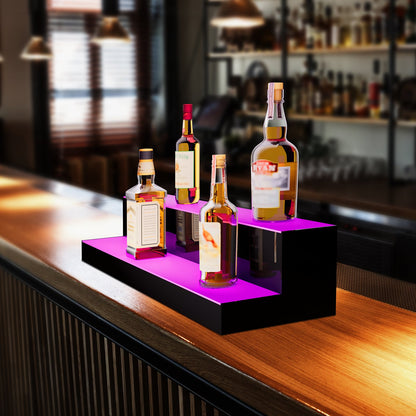 LED Lighted Liquor Bottle Display, 2 Tiers 30 Inch Commercial Illuminated Home Bar Shelf, 2 Steps Whiskey Rack Stand, Acrylic Drink Shelves with RF Remote & App Control, and Multicolor lighting