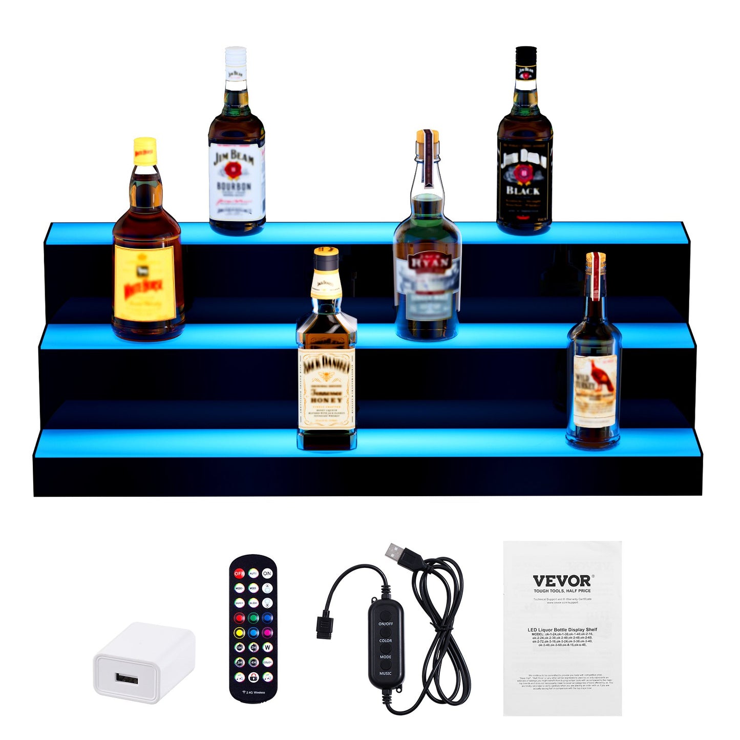 LED-beleuchtetes Spirituosenflaschenregal, 3-stufiges, 76 cm hohes, beleuchtetes Barregal für die gewerbliche Nutzung, 3-stufiger Whisky-Ständer, Acryl-Getränkeregale mit Funkfernbedienung und App-Steuerung sowie mehrfarbiger Beleuchtung