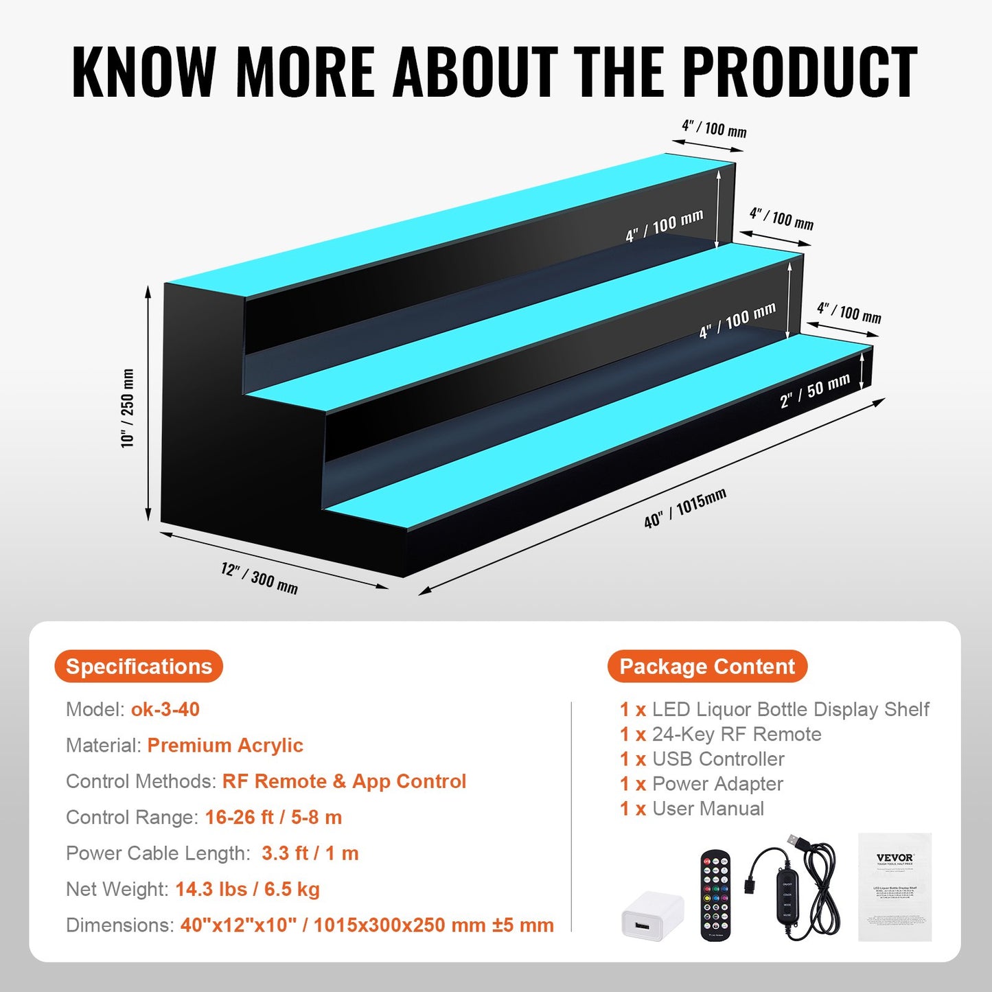 LED-beleuchtetes Barregal für Spirituosenflaschen, Funk- und App-Steuerung, 101,6 cm, 3-stufig