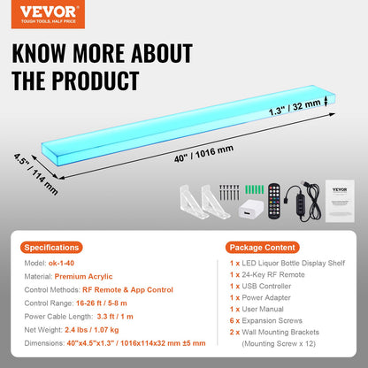 LED-beleuchtetes Spirituosenflaschenregal, einstöckiges, 101,6 cm hohes Wandregal für Whisky, einstufiges, beleuchtetes Barregal für die gewerbliche Nutzung, Acryl-Getränkeregale mit Beleuchtung, Funkfernbedienung und App-Steuerung