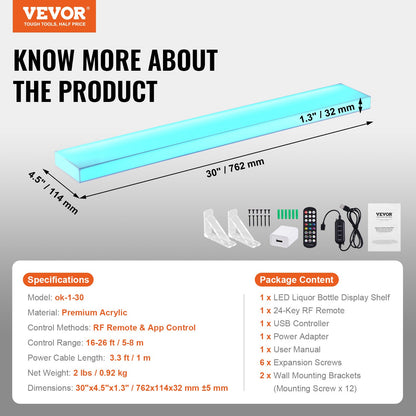 LED-beleuchtetes Spirituosenflaschenregal, einstufiges, 76 cm hohes Wandregal für Whiskyflaschen, einstufiges, beleuchtetes Barregal für die gewerbliche Nutzung, Acryl-Getränkeregale mit Beleuchtung, Funkfernbedienung und App-Steuerung