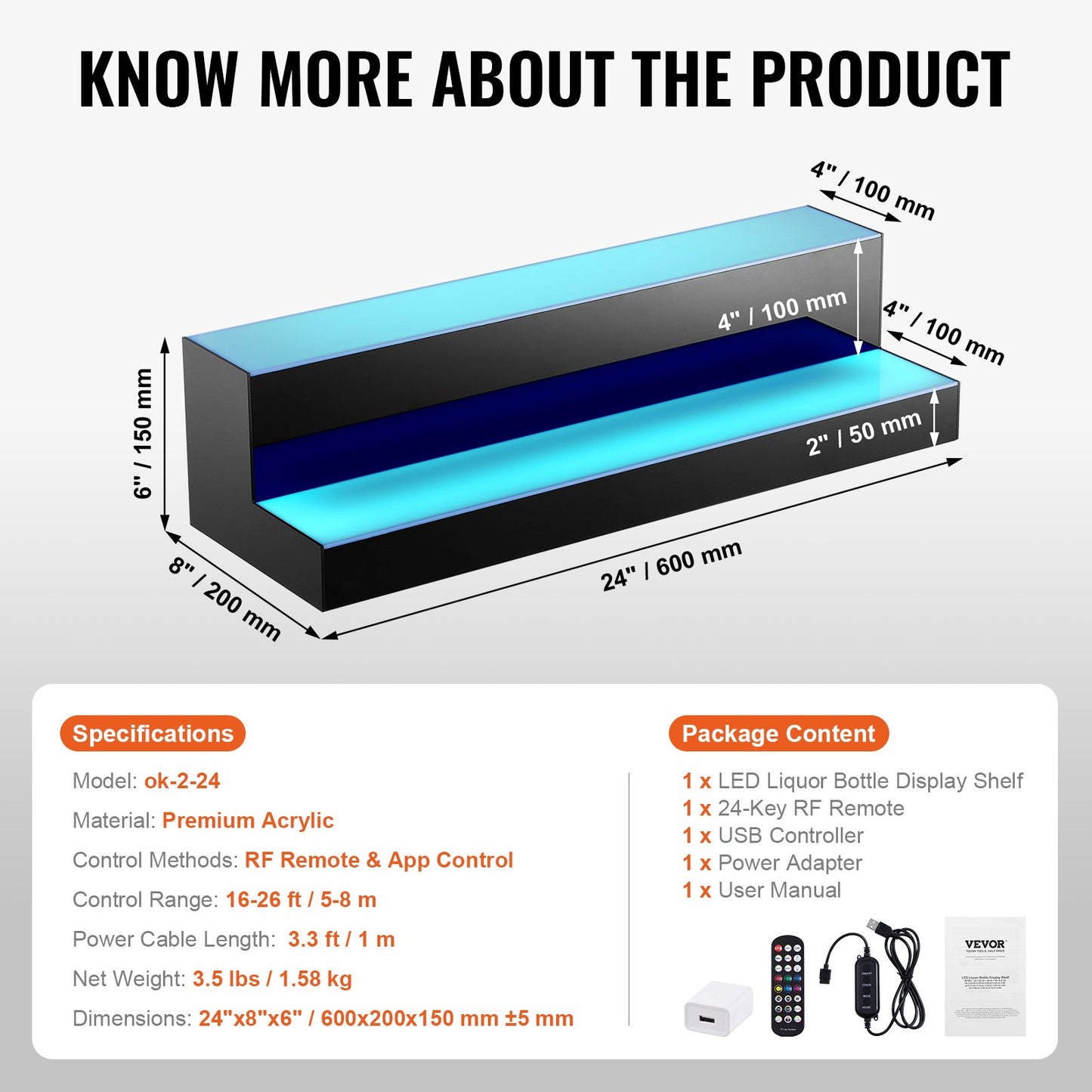 LED-beleuchtetes Spirituosenflaschenregal, 2-stöckiges, 61 cm hohes, beleuchtetes Barregal für die gewerbliche Nutzung, 2-stufiger Whisky-Ständer, Acryl-Getränkeregale mit Funkfernbedienung und App-Steuerung sowie mehrfarbiger Beleuchtung