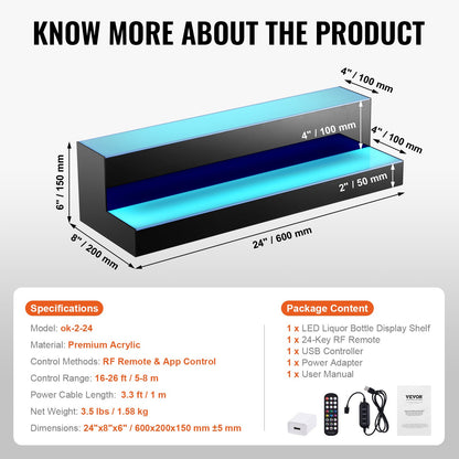 LED-beleuchtetes Spirituosenflaschenregal, 2-stöckiges, 61 cm hohes, beleuchtetes Barregal für die gewerbliche Nutzung, 2-stufiger Whisky-Ständer, Acryl-Getränkeregale mit Funkfernbedienung und App-Steuerung sowie mehrfarbiger Beleuchtung