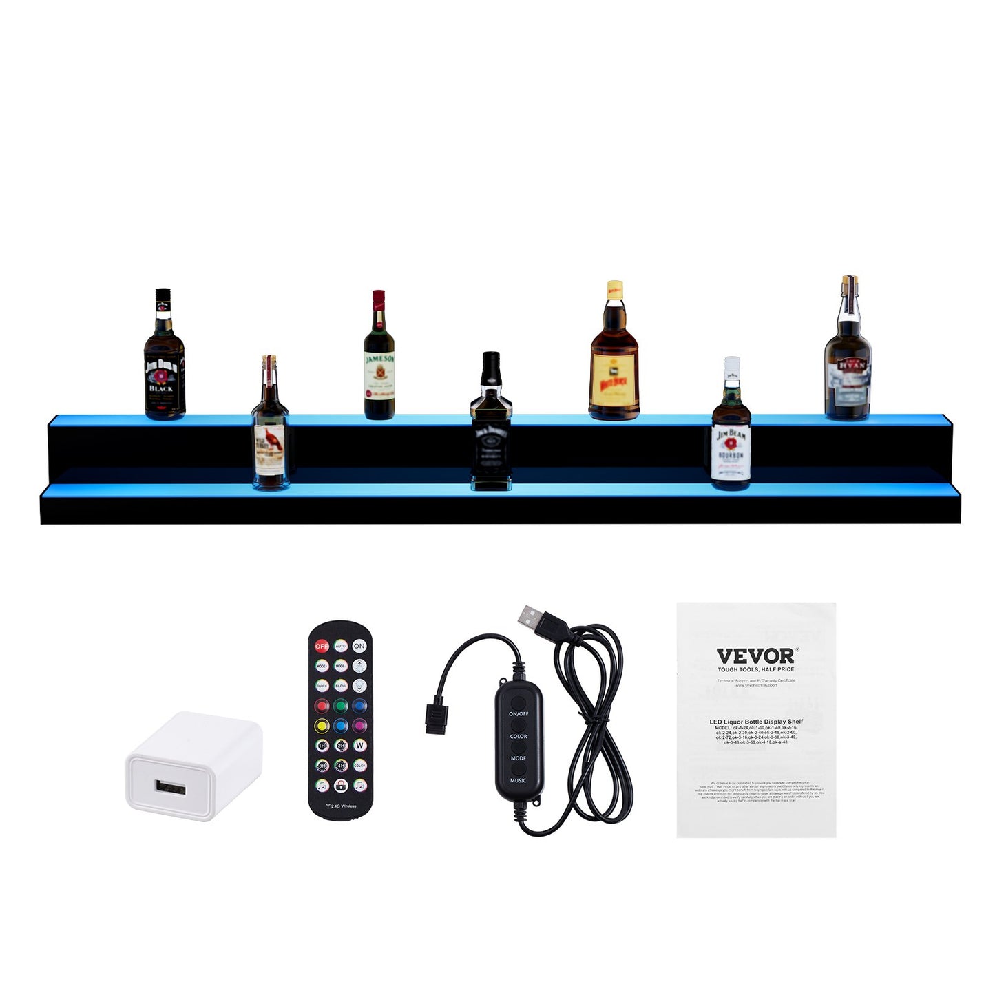 LED Lighted Liquor Bottle Display, 2 Tiers 60 Inch Commercial Illuminated Home Bar Shelf, 2 Steps Whiskey Rack Stand, Acrylic Drink Shelves with RF Remote & App Control, and Multicolor lighting
