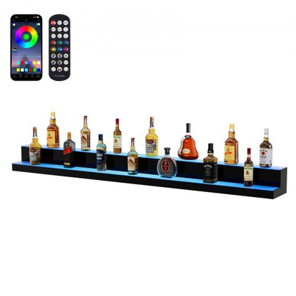 LED Lighted Liquor Bottle Display, 2 Tiers 72 Inch Commercial Illuminated Home Bar Shelf, 2 Steps Whiskey Rack Stand, Acrylic Drink Shelves with RF Remote & App Control, and Multicolor lighting