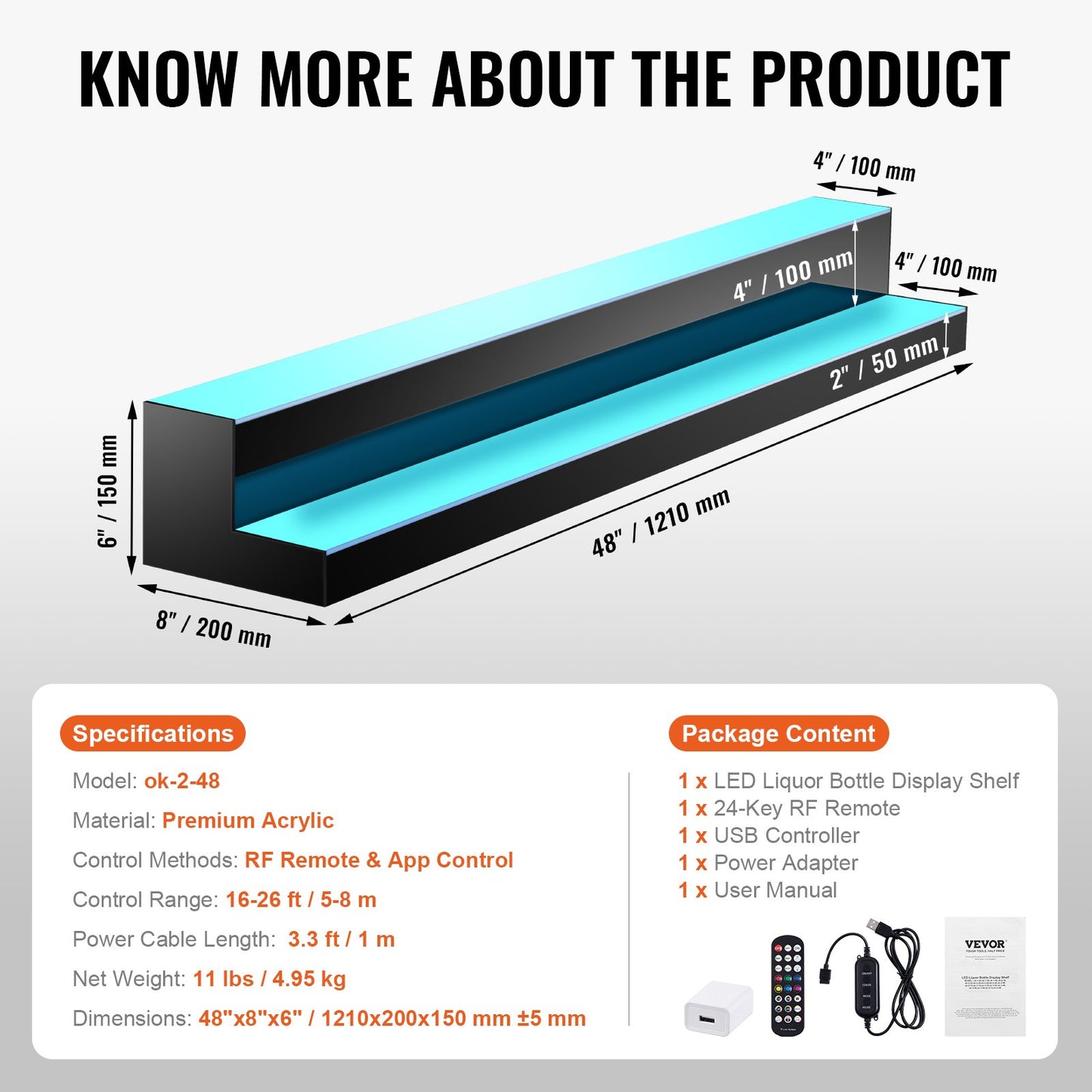 LED-beleuchtetes Spirituosenflaschenregal, 2-stöckiges, 122 cm hohes, beleuchtetes Barregal für die gewerbliche Nutzung, 2-stufiger Whisky-Ständer, Acryl-Getränkeregale mit Funkfernbedienung und App-Steuerung sowie mehrfarbiger Beleuchtung