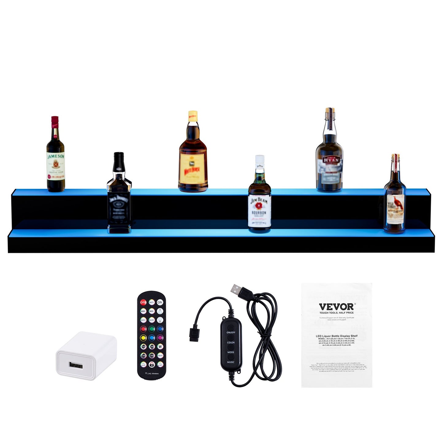 LED-beleuchtetes Spirituosenflaschenregal, 2-stöckiges, 122 cm hohes, beleuchtetes Barregal für die gewerbliche Nutzung, 2-stufiger Whisky-Ständer, Acryl-Getränkeregale mit Funkfernbedienung und App-Steuerung sowie mehrfarbiger Beleuchtung
