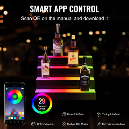 LED-beleuchtetes Spirituosenflaschenregal, 3-stufiges, 40 cm hohes, beleuchtetes Barregal für die gewerbliche Nutzung, 3-stufiger Whisky-Ständer, Acryl-Getränkeregale mit Funkfernbedienung und App-Steuerung sowie mehrfarbiger Beleuchtung
