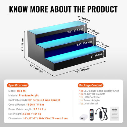 LED-beleuchtetes Spirituosenflaschenregal, 3-stufiges, 40 cm hohes, beleuchtetes Barregal für die gewerbliche Nutzung, 3-stufiger Whisky-Ständer, Acryl-Getränkeregale mit Funkfernbedienung und App-Steuerung sowie mehrfarbiger Beleuchtung