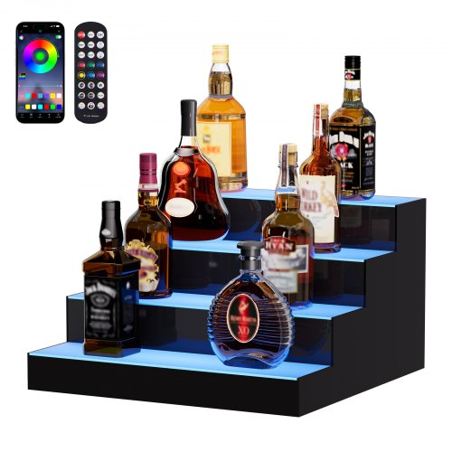 LED Lighted Liquor Bottle Display, 4 Tiers 16 Inch Commercial Illuminated Home Bar Shelf, 4 Steps Whiskey Rack Stand, Acrylic Drink Shelves with RF Remote & App Control, and Multicolor lighting