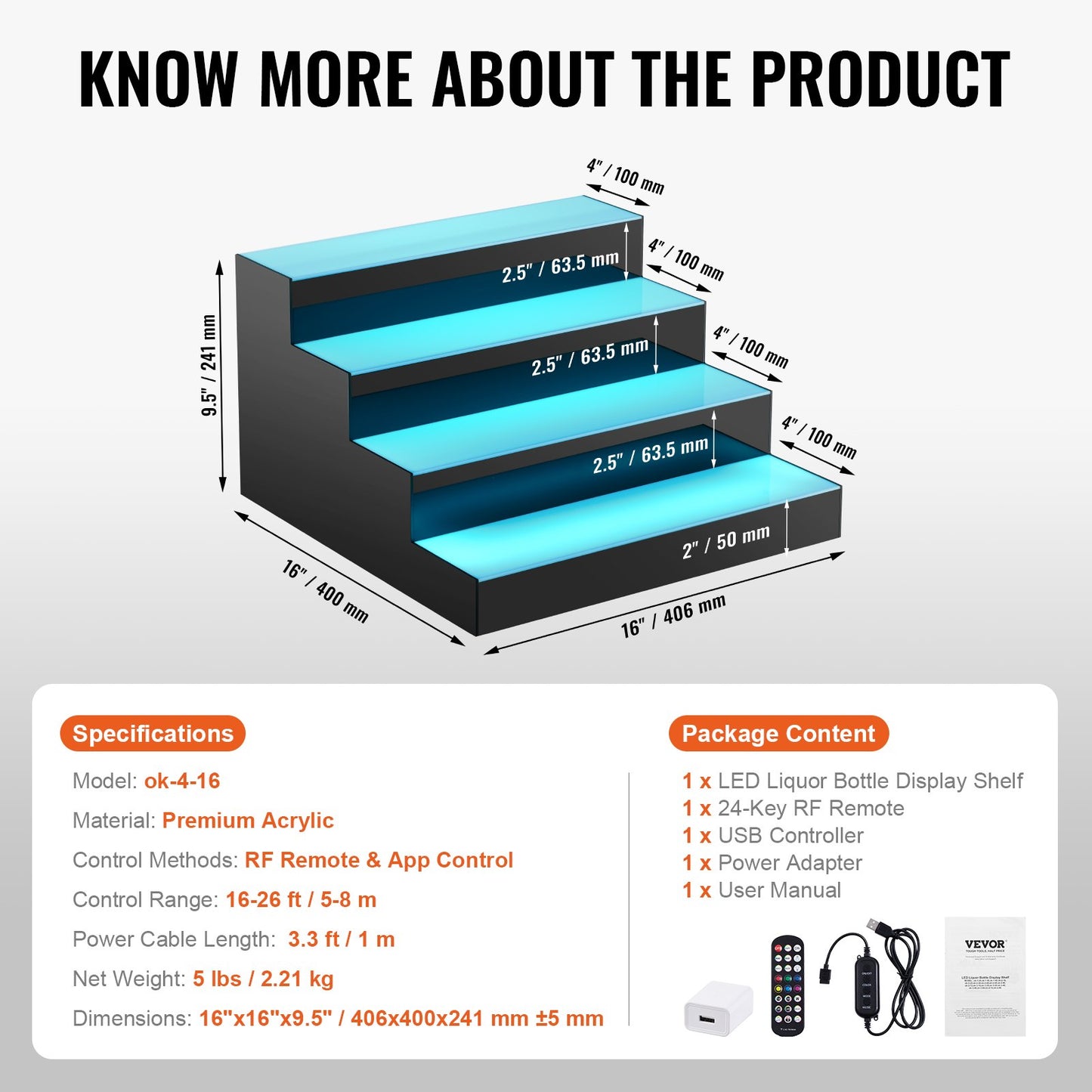 LED-beleuchtetes Spirituosenflaschenregal, 4-stufiges, 40 cm hohes, beleuchtetes Barregal für die gewerbliche Nutzung, 4-stufiger Whisky-Ständer, Acryl-Getränkeregale mit Funkfernbedienung und App-Steuerung sowie mehrfarbiger Beleuchtung
