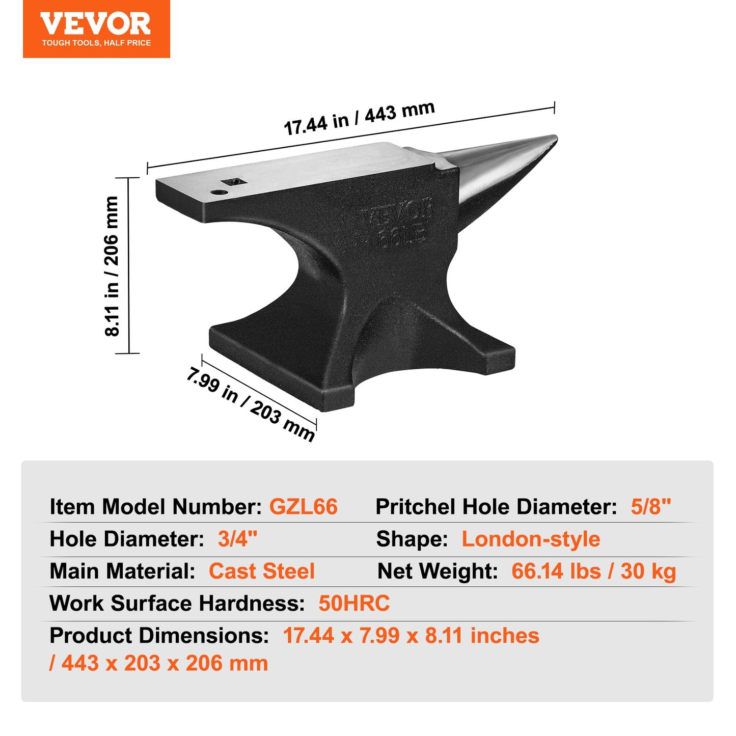 Single Horn Anvil, 29.9 kg Cast Steel Anvil, High Hardness Rugged Round Horn Anvil Blacksmith, Large Countertop and Stable Base, with Round and Square Hole, Metalsmith Tool for Bending and Shaping