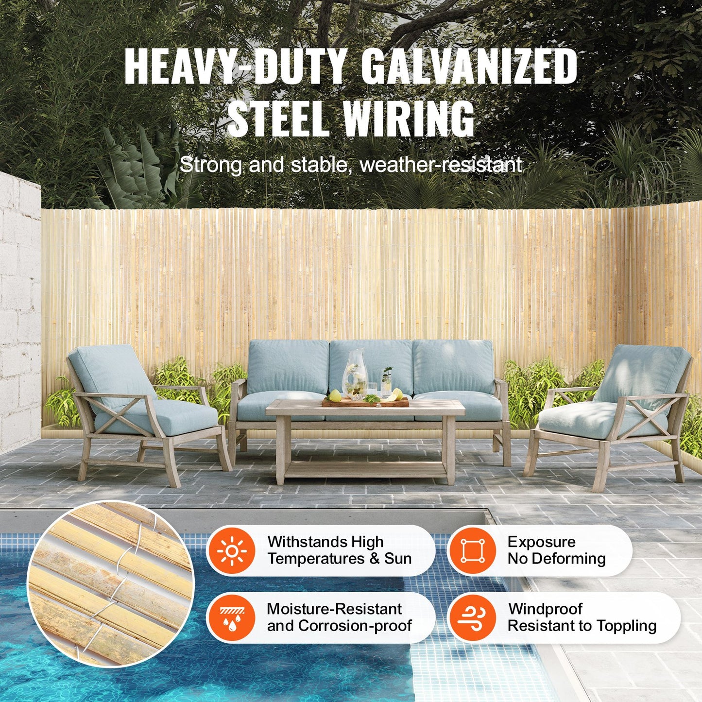 Natural Bamboo Privacy Fence Screen, Eco-Friendly Privacy Bamboo Slat Fence, 6 ft H x 16 ft L Decorative Bamboo Screen Panel, for Garden, Backyard, Balcony, Patio, Pool Side