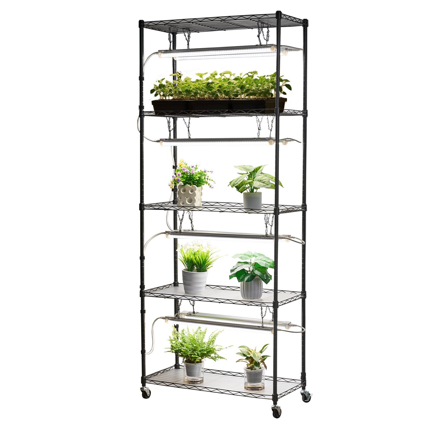 DIY Plant Shelf with Grow Lights, 180cm Tall Indoor Plant Stand with Wheels, 192W 5000K Full Spectrum Grow Lights, Heavy Duty Metal Plants Display Rack, Flower Pot Holder for Seed Starting