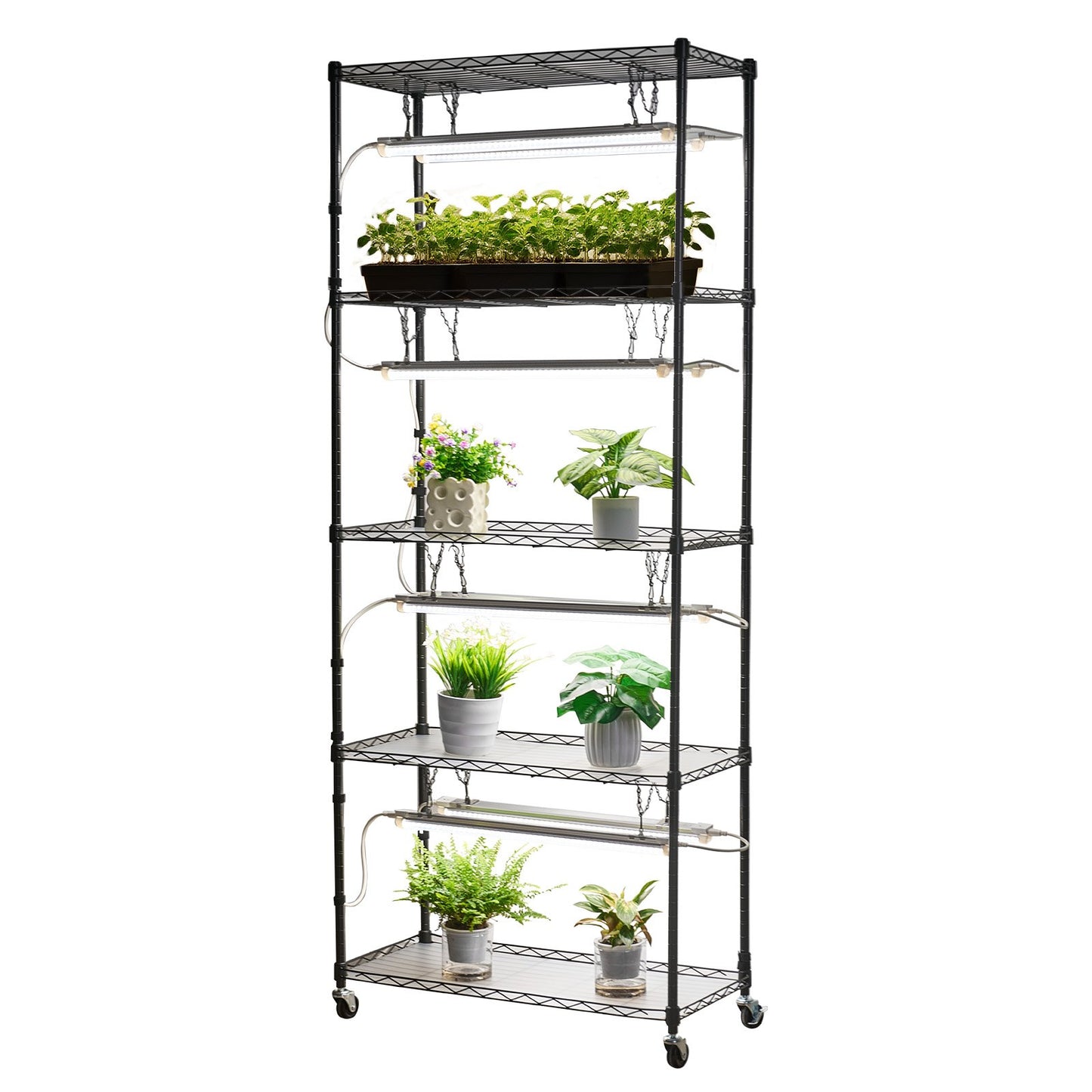 DIY Plant Shelf with Grow Lights, 180cm Tall Indoor Plant Stand with Wheels, 192W 5000K Full Spectrum Grow Lights, Heavy Duty Metal Plants Display Rack, Flower Pot Holder for Seed Starting