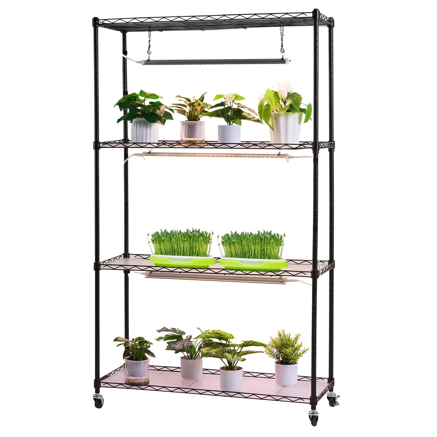 Pflanzenregal mit Pflanzenlampe, 4-stufiger Indoor-Pflanzenständer, 150 cm hohes Pflanzenregal mit Rollen, 90-W-Vollspektrum-Pflanzenlampe mit 3 Farben, robuster Metall-Blumentopfhalter für die Anzucht von Samen