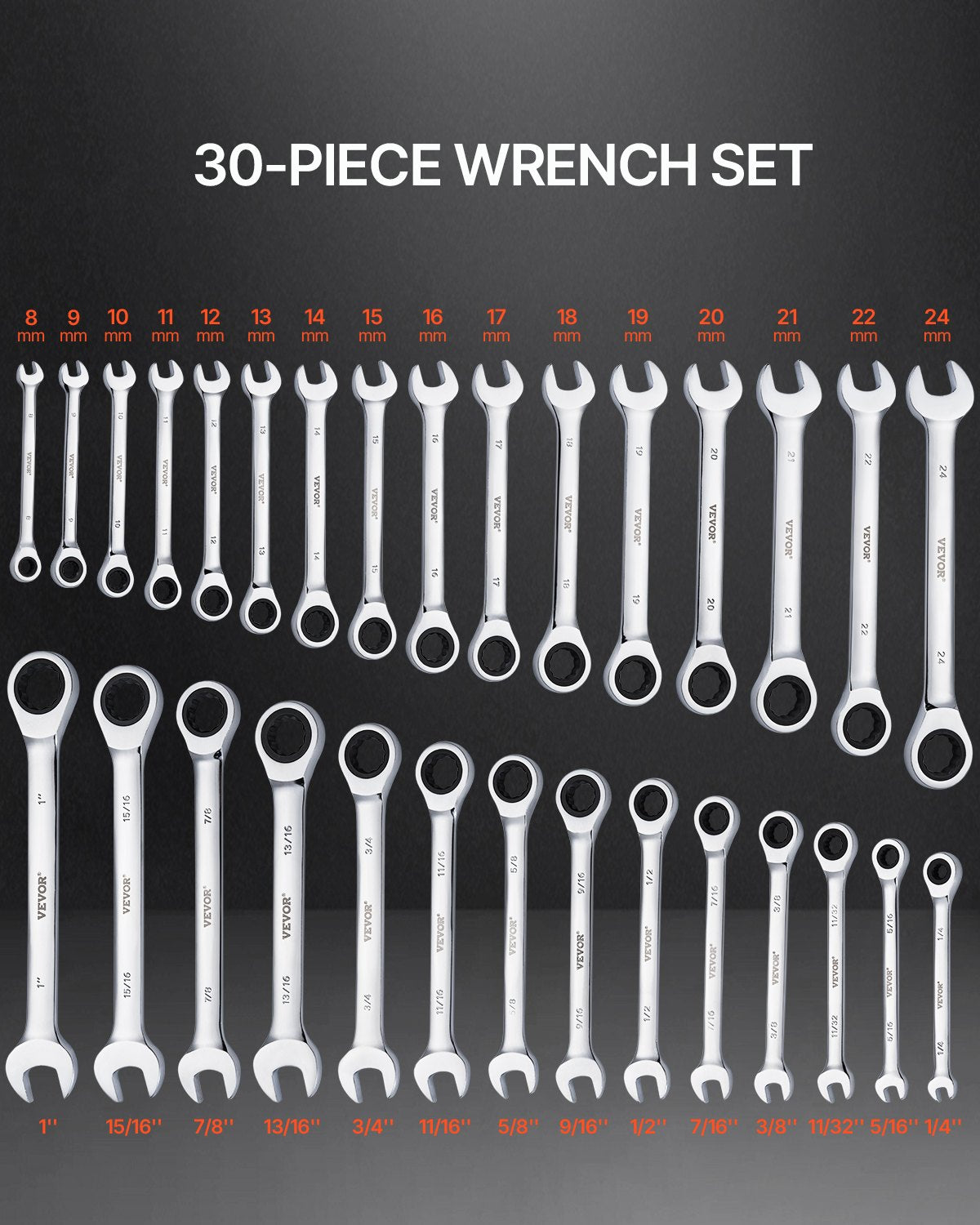 Combination Wrench Set, 30-Piece Ratcheting Wrench Set with Organizer Rack, Cr-V Steel Wrench Set SAE 1/4" to 1", Metric 8 mm to 24 mm, Ideal for General Household, Garage, Workshop, Emergency