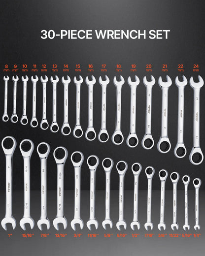 Combination Wrench Set, 30-Piece Ratcheting Wrench Set with Organizer Rack, Cr-V Steel Wrench Set SAE 1/4" to 1", Metric 8 mm to 24 mm, Ideal for General Household, Garage, Workshop, Emergency