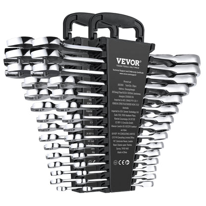 Combination Wrench Set, 30-Piece Ratcheting Wrench Set with Organizer Rack, Cr-V Steel Wrench Set SAE 1/4" to 1", Metric 8 mm to 24 mm, Ideal for General Household, Garage, Workshop, Emergency