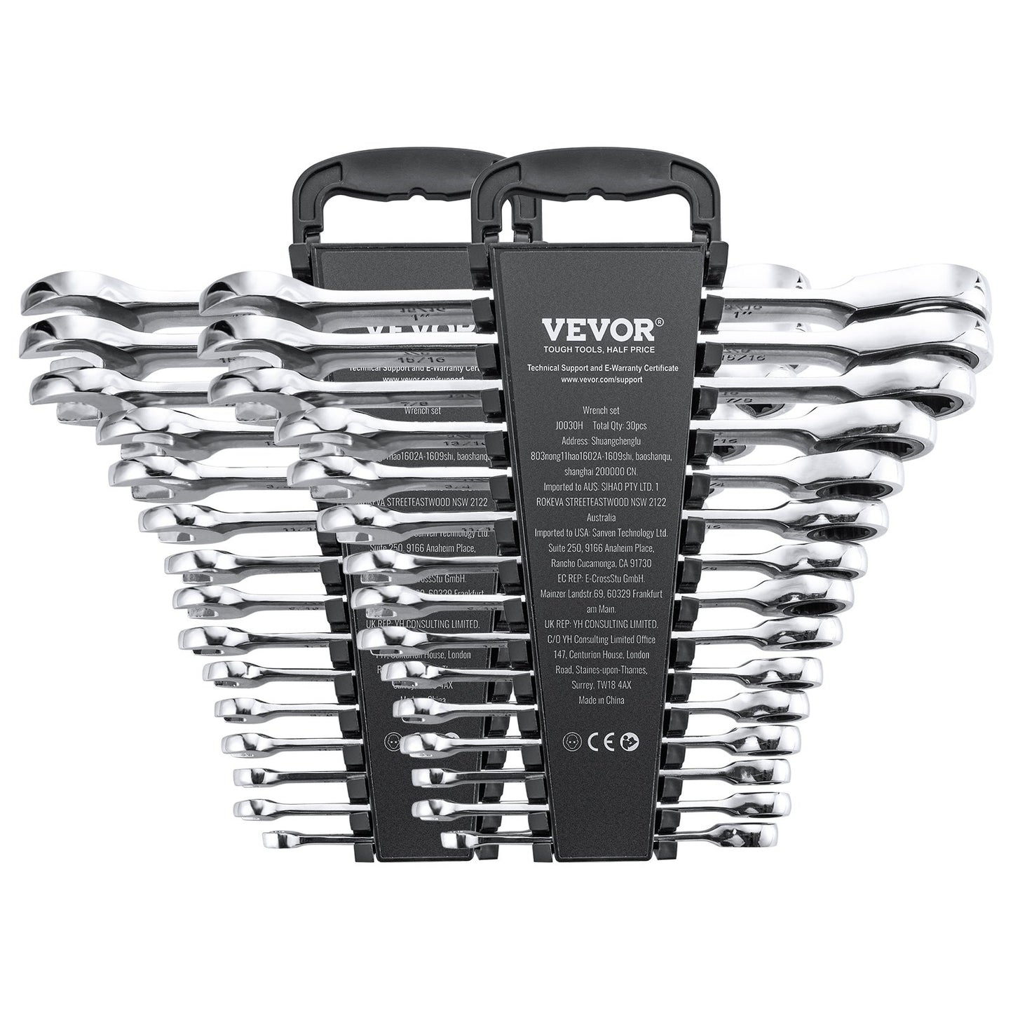 Combination Wrench Set, 30-Piece Ratcheting Wrench Set with Organizer Rack, Cr-V Steel Wrench Set SAE 1/4" to 1", Metric 8 mm to 24 mm, Ideal for General Household, Garage, Workshop, Emergency