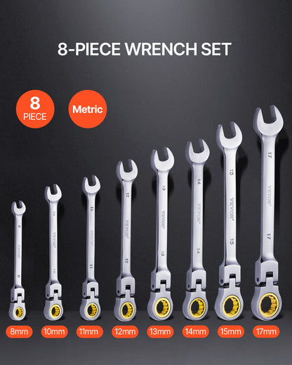 Flex-Head Ratcheting Wrench Set, 8-piece Combination Wrench Set with Roll-up Pouch, Cr-V Steel Flexible Ratcheting Wrench Set Metric 8 mm to 17 mm, Ideal for General Household, Auto Repairs