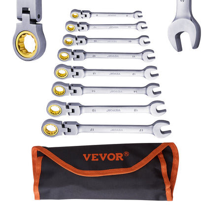 Flex-Head Ratcheting Wrench Set, 8-piece Combination Wrench Set with Roll-up Pouch, Cr-V Steel Flexible Ratcheting Wrench Set Metric 8 mm to 17 mm, Ideal for General Household, Auto Repairs