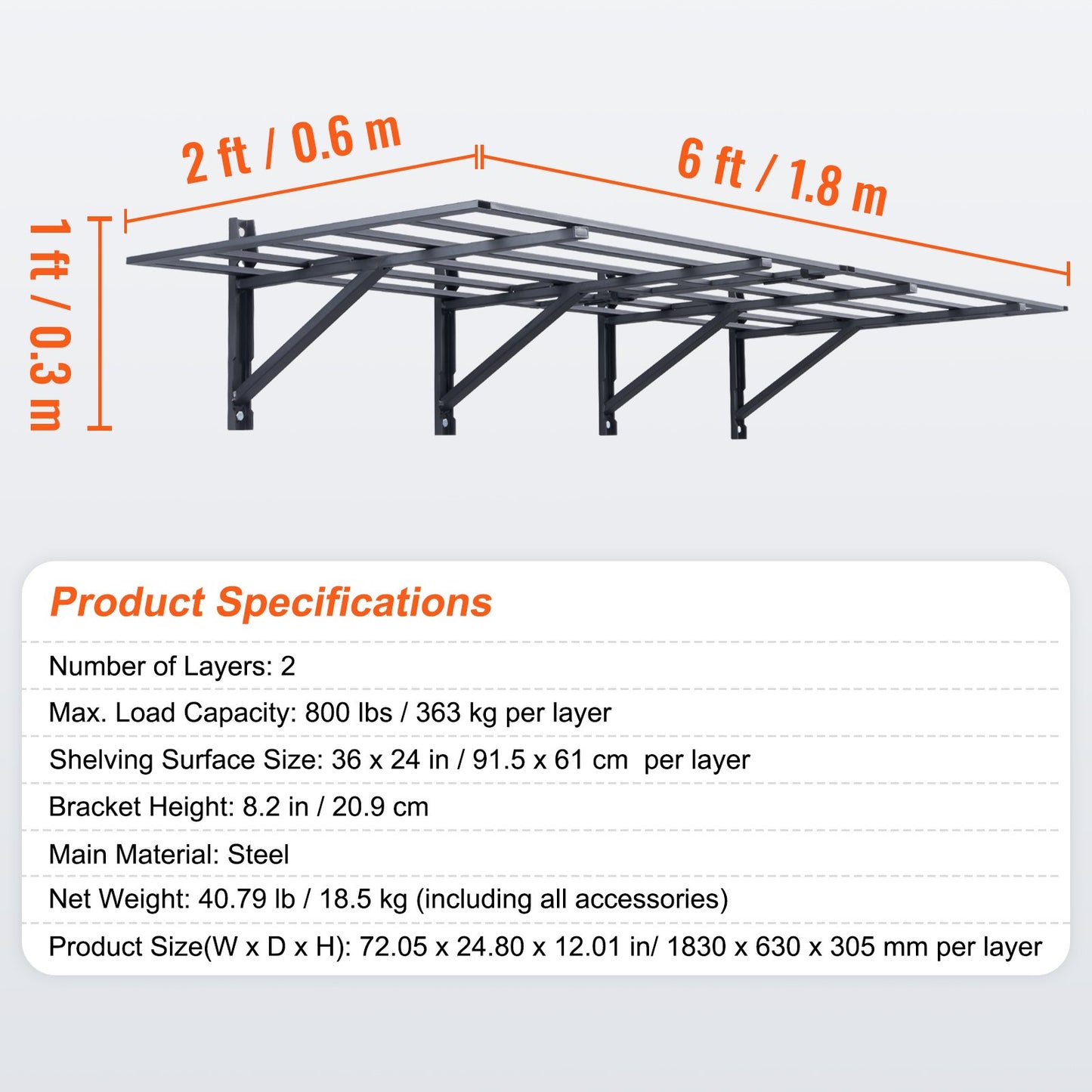 Garage Storage Shelving, 2 Pack, 183 x 61 cm Heavy Duty Garage Shelves Wall Mounted, 726 kgLoad Capacity(Total) Garage Storage Rack Floating Shelves, Suitable for Shop, Shed, Garage Storage