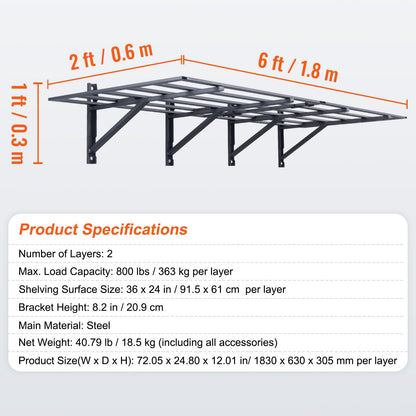 Garage Storage Shelving, 2 Pack, 183 x 61 cm Heavy Duty Garage Shelves Wall Mounted, 726 kgLoad Capacity(Total) Garage Storage Rack Floating Shelves, Suitable for Shop, Shed, Garage Storage