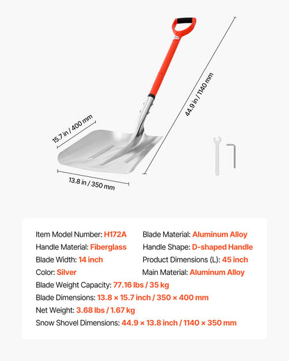 Schneeschaufel für die Einfahrt, 35 cm breite Schneeschaufel aus Aluminiumlegierung mit D-förmigen Griffen, Schneeschaufel mit großem Fassungsvermögen, leichtes Schneeräumgerät für Garten, Auto und Camping