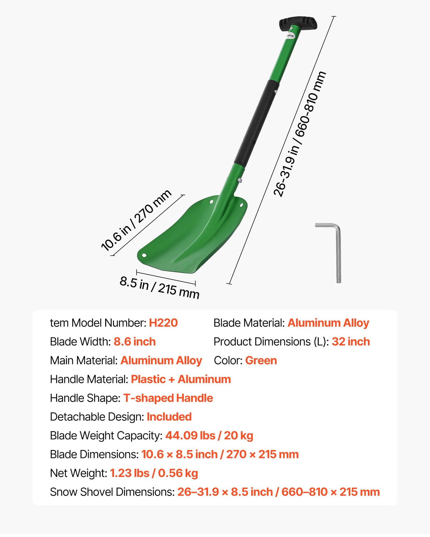 Schneeschaufel für die Einfahrt, 21,5 cm breite Schneeschaufel aus Aluminiumlegierung mit T-förmigen Griffen, Schneeschaufel mit großem Fassungsvermögen, tragbares und leichtes Schneeräumgerät für Garten, Auto und Camping