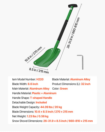 Schneeschaufel für die Einfahrt, 21,5 cm breite Schneeschaufel aus Aluminiumlegierung mit T-förmigen Griffen, Schneeschaufel mit großem Fassungsvermögen, tragbares und leichtes Schneeräumgerät für Garten, Auto und Camping
