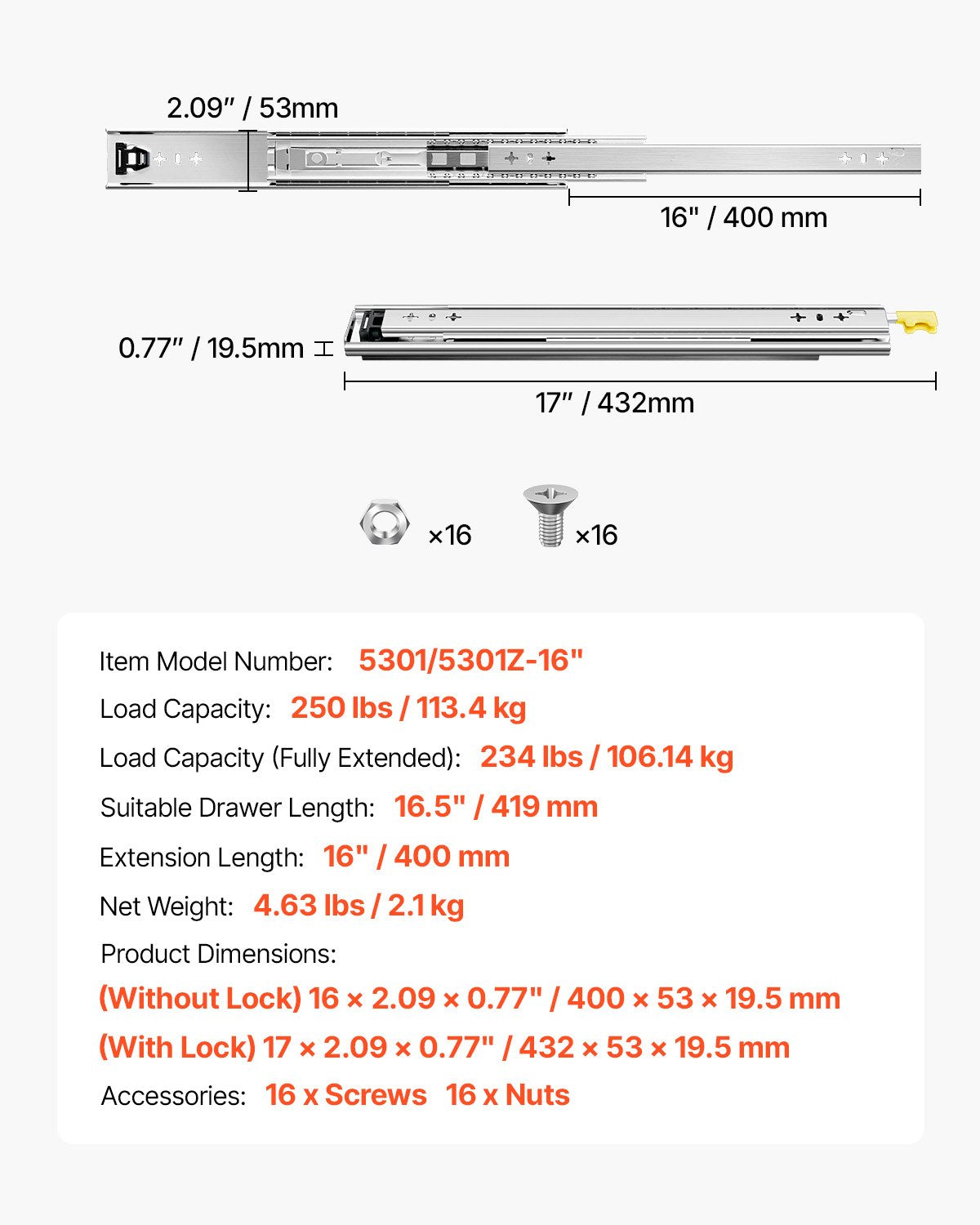 1 Paar Vollauszugsschienen für Schubladen (16, 18, 20, 24, 30, 35, 38, 59, 32, 36, 40, 48, 60 Zoll), Tragkraft: 113 kg, kugelgelagert mit Verriegelung, seitliche Montage der Schubladenschiene