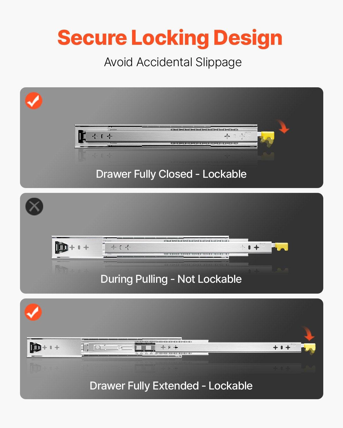 1 Paar Vollauszugsschienen für Schubladen (16, 18, 20, 24, 30, 35, 38, 59, 32, 36, 40, 48, 60 Zoll), Tragkraft: 113 kg, kugelgelagert mit Verriegelung, seitliche Montage der Schubladenschiene