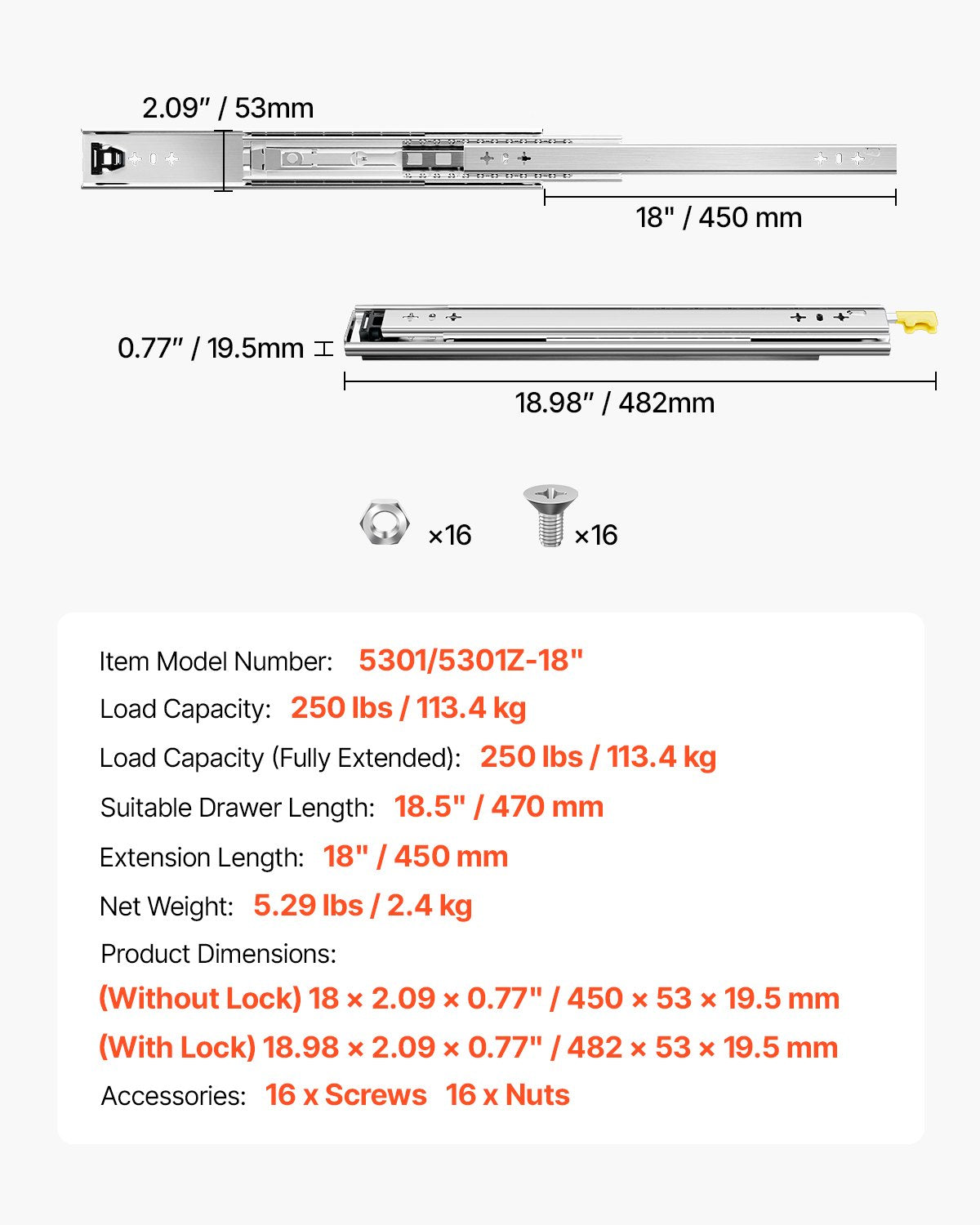 1 Paar Vollauszugsschienen für Schubladen (16, 18, 20, 24, 30, 35, 38, 59, 32, 36, 40, 48, 60 Zoll), Tragkraft: 113 kg, kugelgelagert mit Verriegelung, seitliche Montage der Schubladenschiene