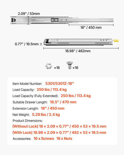 1 Paar Vollauszugsschienen für Schubladen (16, 18, 20, 24, 30, 35, 38, 59, 32, 36, 40, 48, 60 Zoll), Tragkraft: 113 kg, kugelgelagert mit Verriegelung, seitliche Montage der Schubladenschiene