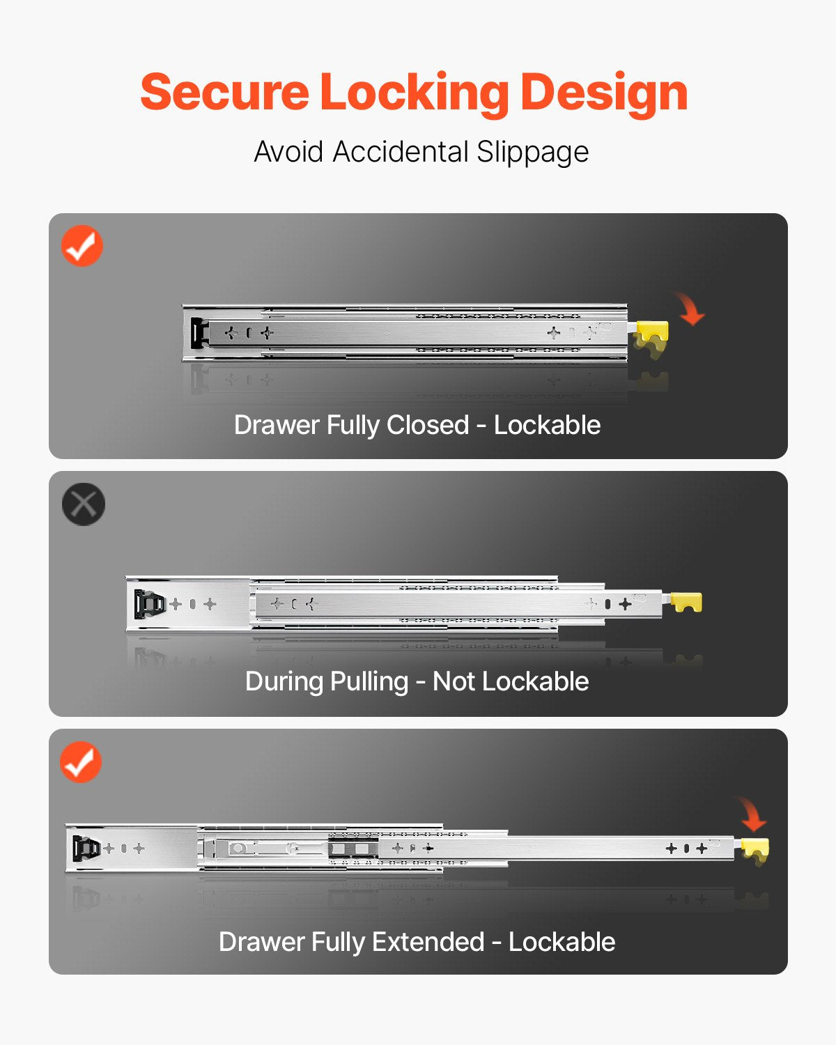 1 Pair Full Extension Drawer Slides 16 18 20 24 30 35 37.4 59 24 32 36 40 48 60 in, 250 lbs Load Capacity Locking Drawer Slides, Ball Bearing with Lock Side Mount Drawer Slide Rail