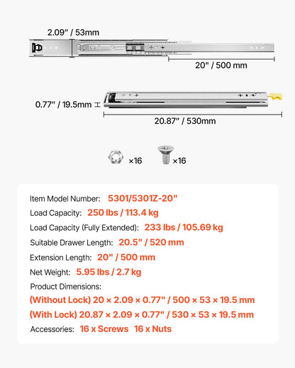 1 Pair Full Extension Drawer Slides 16 18 20 24 30 35 37.4 59 24 32 36 40 48 60 in, 250 lbs Load Capacity Locking Drawer Slides, Ball Bearing with Lock Side Mount Drawer Slide Rail